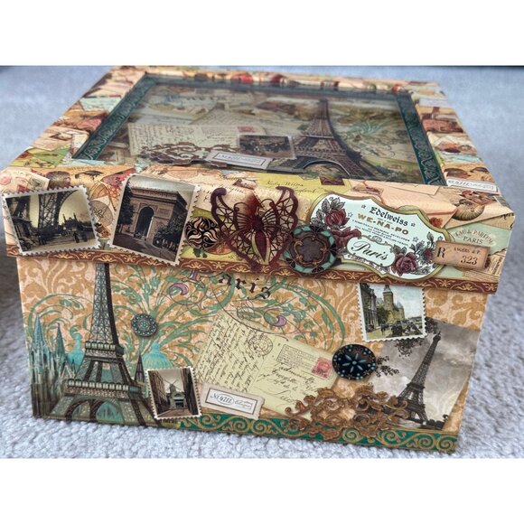 Vintage Punch Studio Eiffel Tower Paris Keepsake Note Card Glass Top Box 9 1/2" - Picture 4 of 8